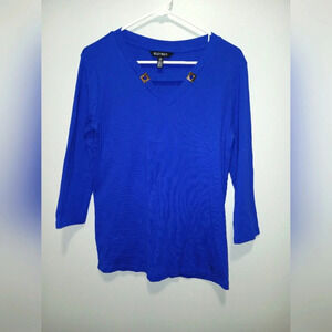 Ellen Tracy 100% Cotton Blue V-neck Cut-outs 3/4 Sleeve Shirt Size Large Casual